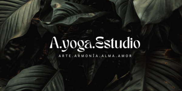 A Yoga Estudio logo, with the text Art, Haromony, Soul, Love on a background of dark green leaves