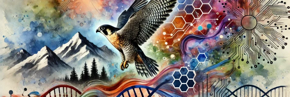 An abstract, watercolour style banner with a falcon and mountains with dna patterns blending with the background