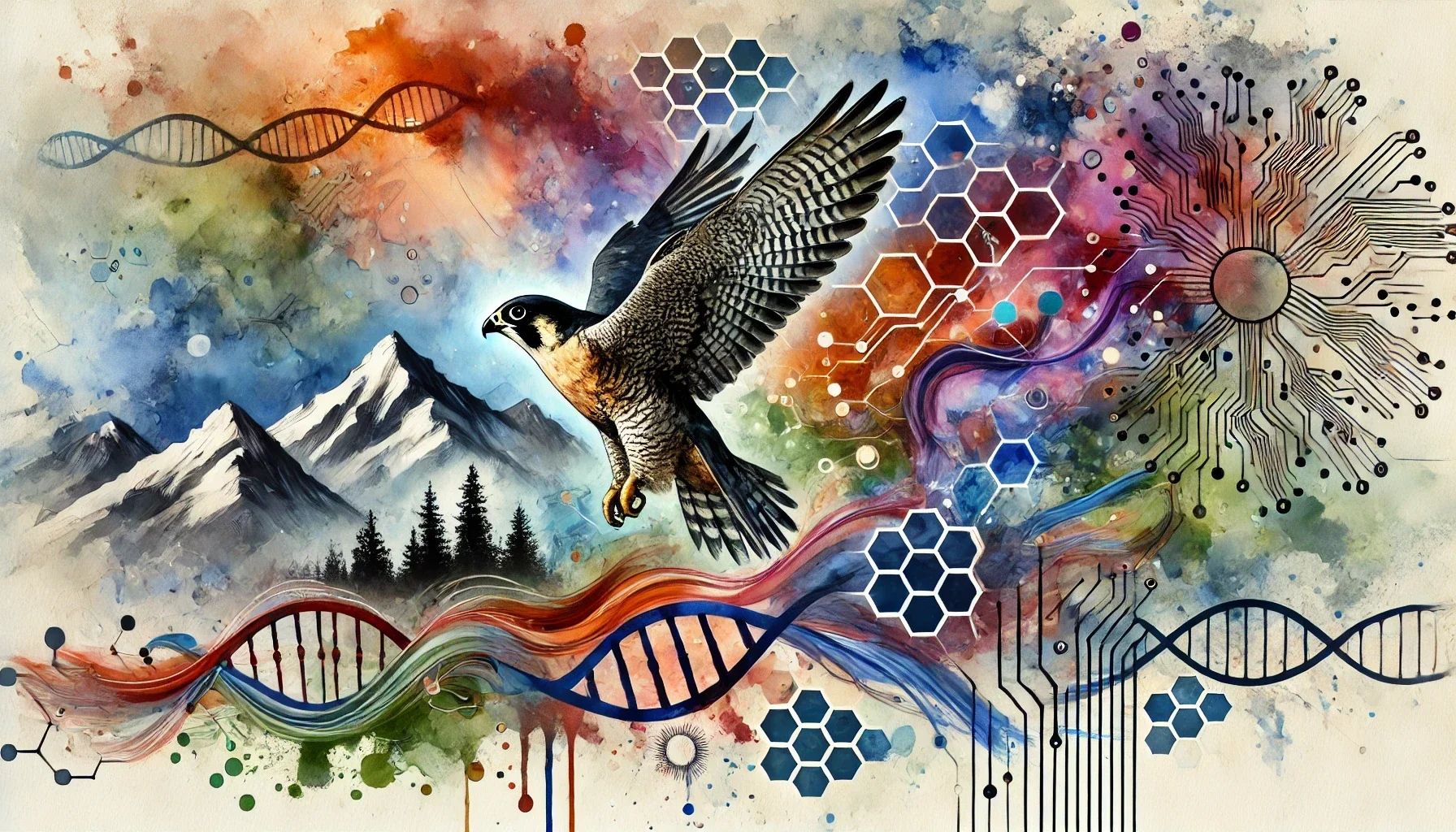 An abstract, watercolour style banner with a falcon and mountains with dna patterns blending with the background