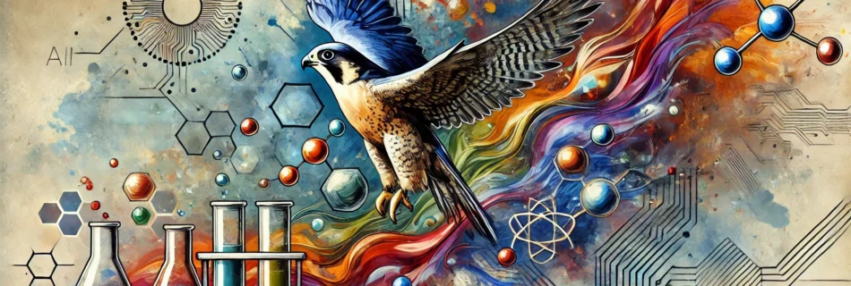 A decorative, colourful, watercolour style banner with a falcon and chemistry implements