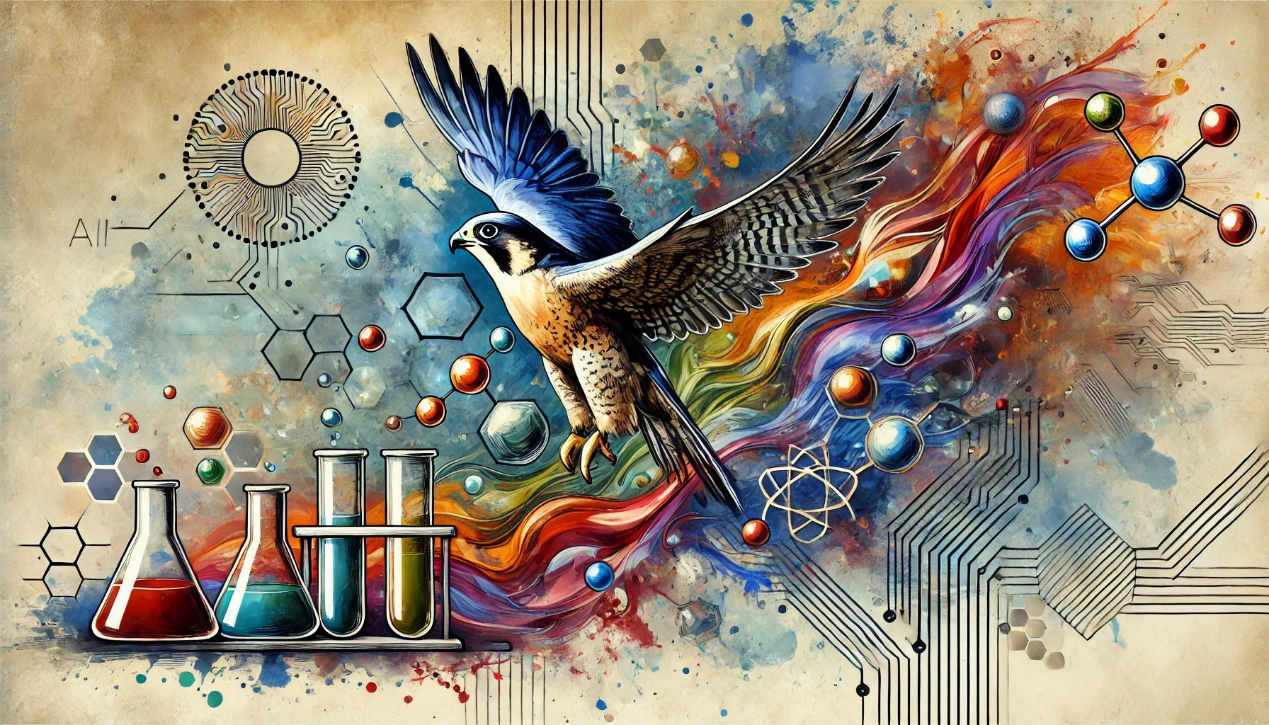 A decorative, colourful, watercolour style banner with a falcon and chemistry implements