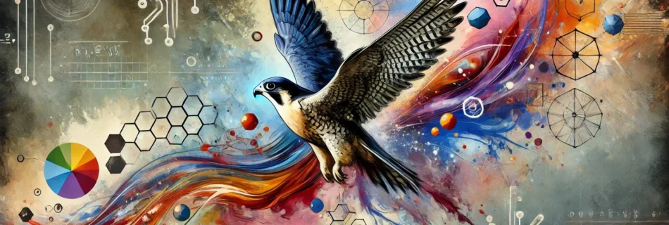 A decorative, colourful, watercolour style banner with a falcon and imagery representing maths