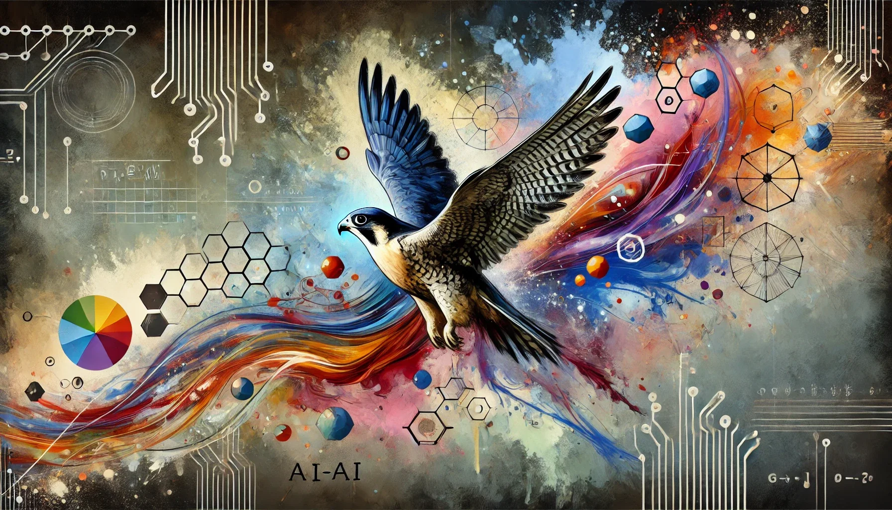 A decorative, colourful, watercolour style banner with a falcon and imagery representing maths