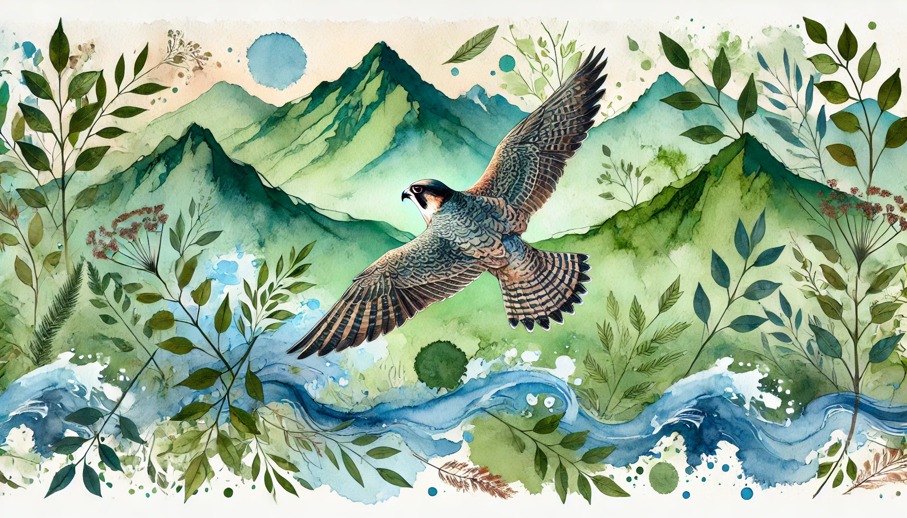 abstract watercolour of a falcon flying over mountains with leaves decorating the border