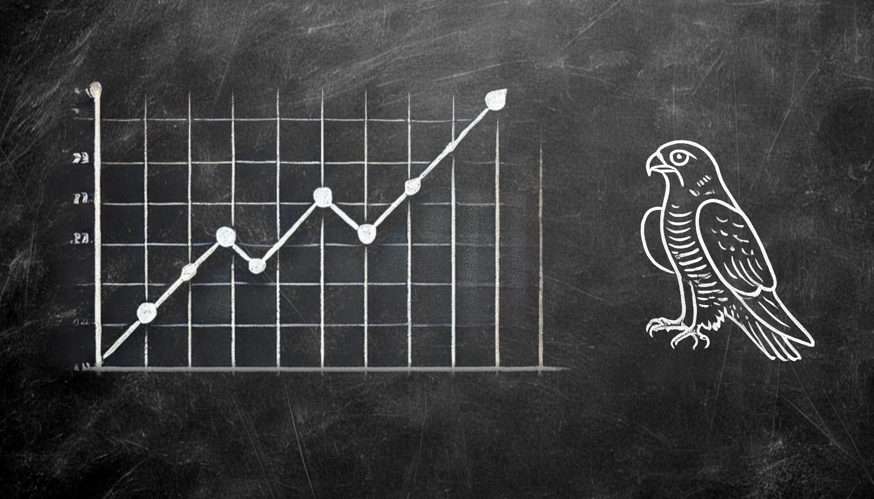 A chalk board with a line graph and chalk sketch of a peregrine falcon