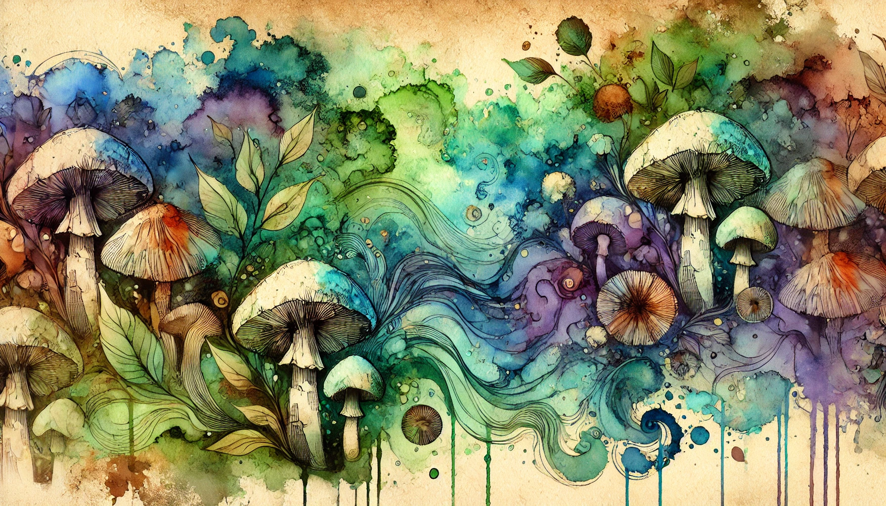 Ethereal style watercolour depicting mushrooms