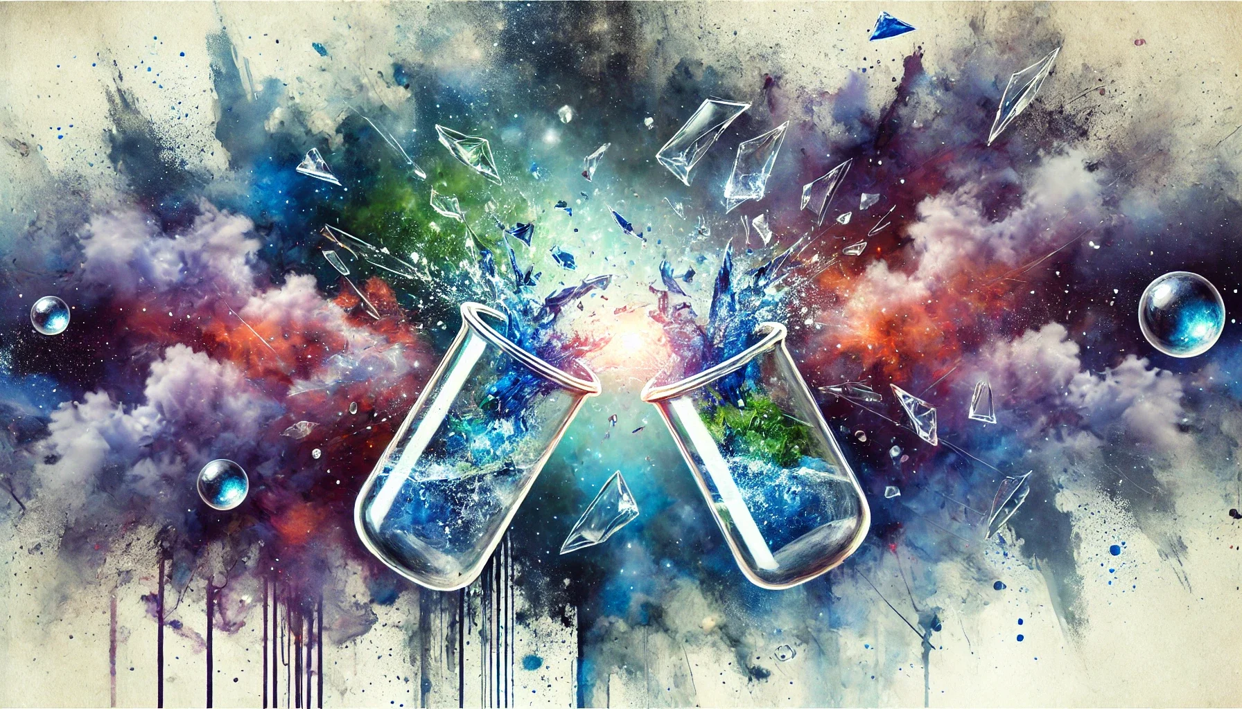 A watercolour style background of two beakers shattering creating a watercolour explosion