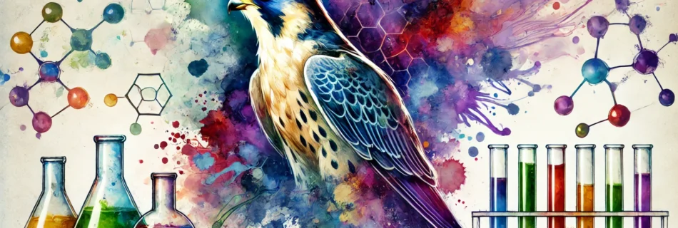 Watercolour beakers and test tubes with a peregrine falcon in a central splash of paint