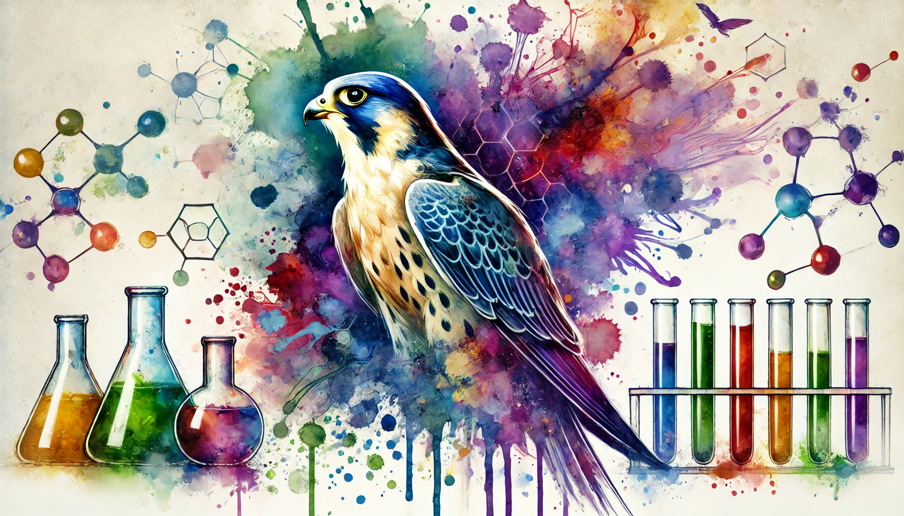 Watercolour beakers and test tubes with a peregrine falcon in a central splash of paint