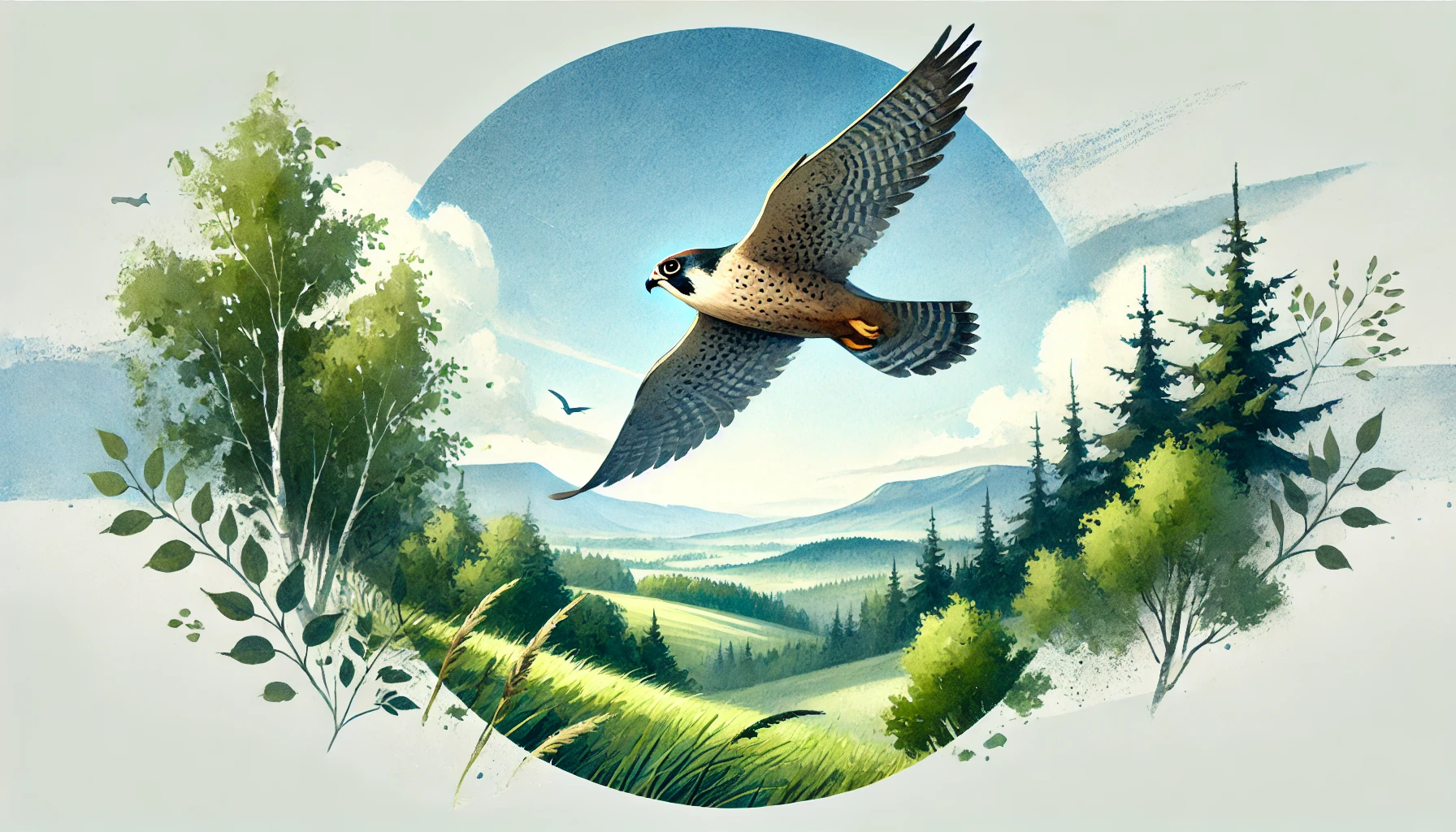 A peregrine social flying against a circle of blue sky and rolling hills framed by clouds and trees