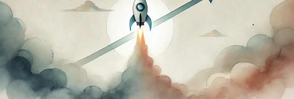 A simple image of a rocket taking off creating clouds, with the sun and a rising arrow in the background