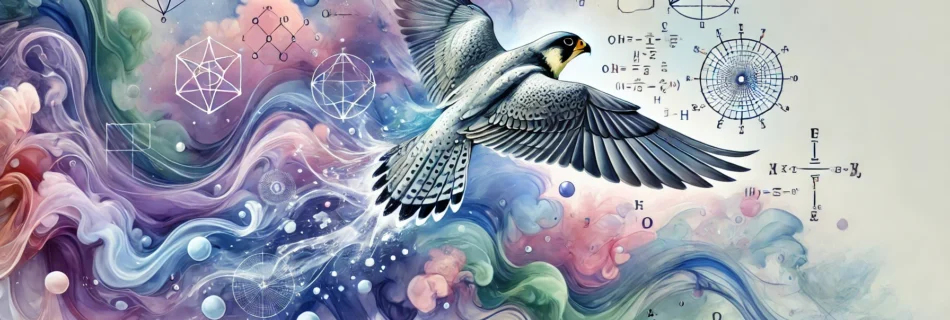 Abstract watercolour style banner of a peregrine falcon and mathematical looking symbols