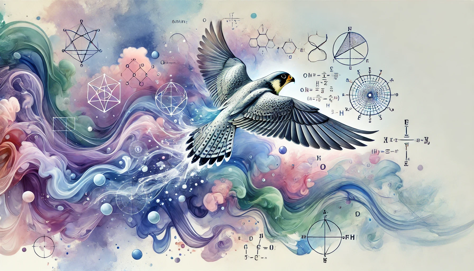 Abstract watercolour style banner of a peregrine falcon and mathematical looking symbols