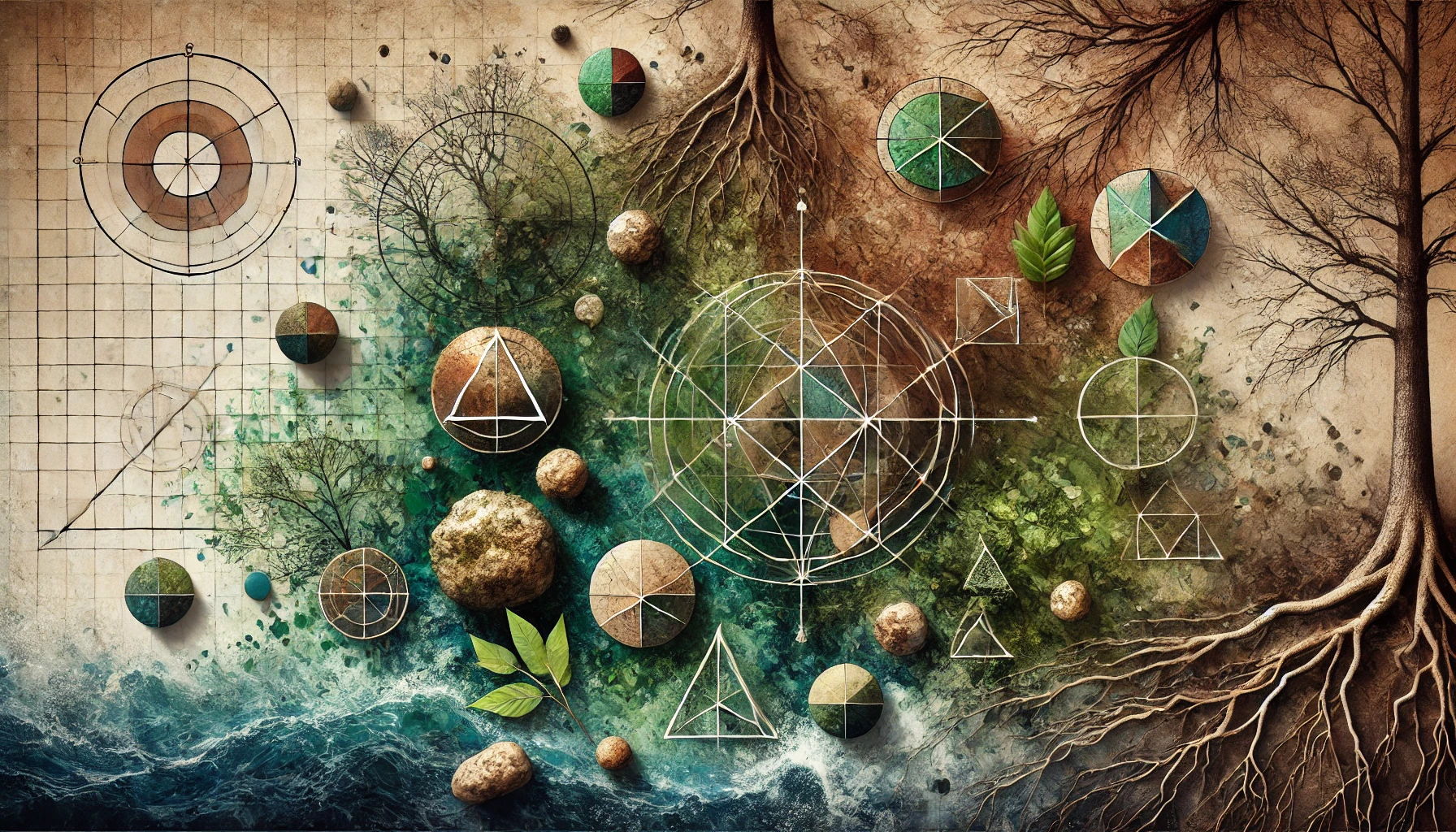 Abstract image of rocks, roots and water with overlaid geometric drawings representing the fundamentals of algebra.