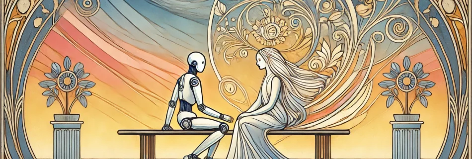 An Art Nouveau style image of a machine talking to a human representing symbiosis between humans and AI