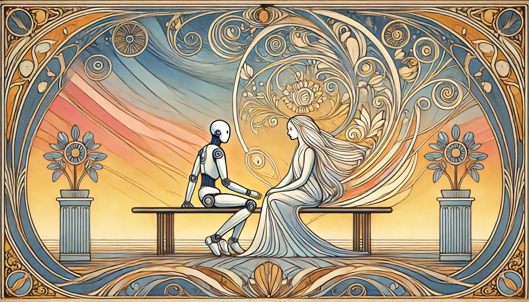 An Art Nouveau style image of a machine talking to a human representing symbiosis between humans and AI