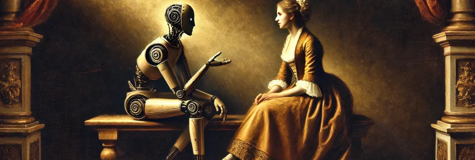 Image of machine and human talking representing the origins of thought